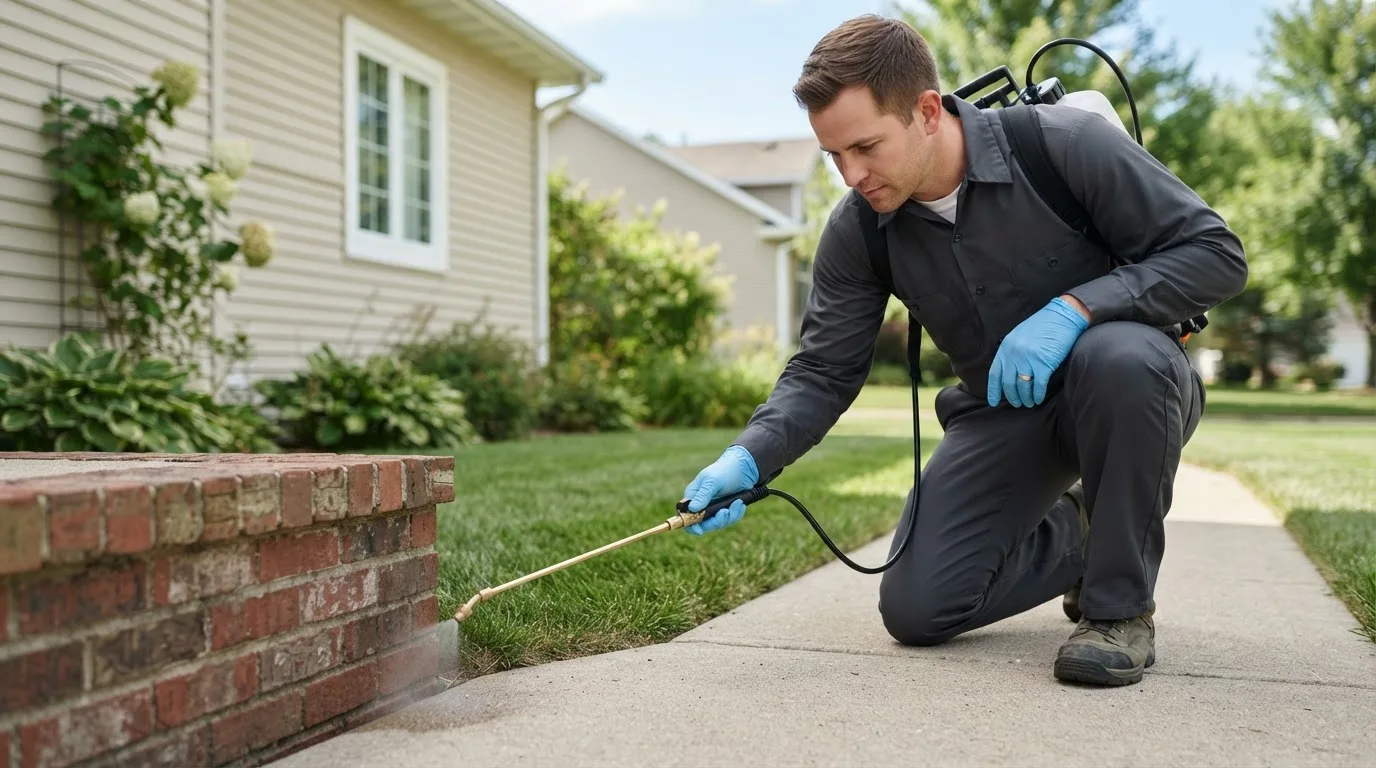 Pest control technician treating a home near Trumbauersville, PA