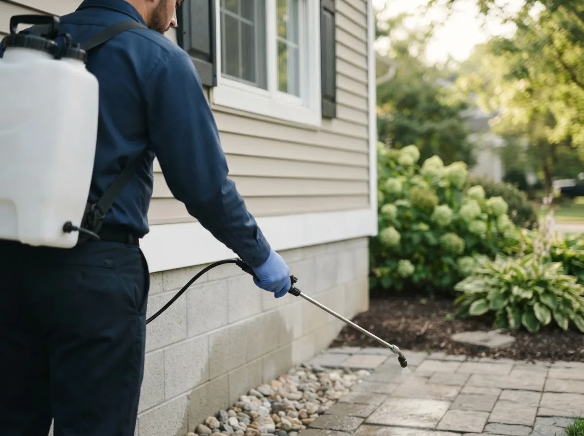 Pest control technician inspecting a home in Trumbauersville, PA